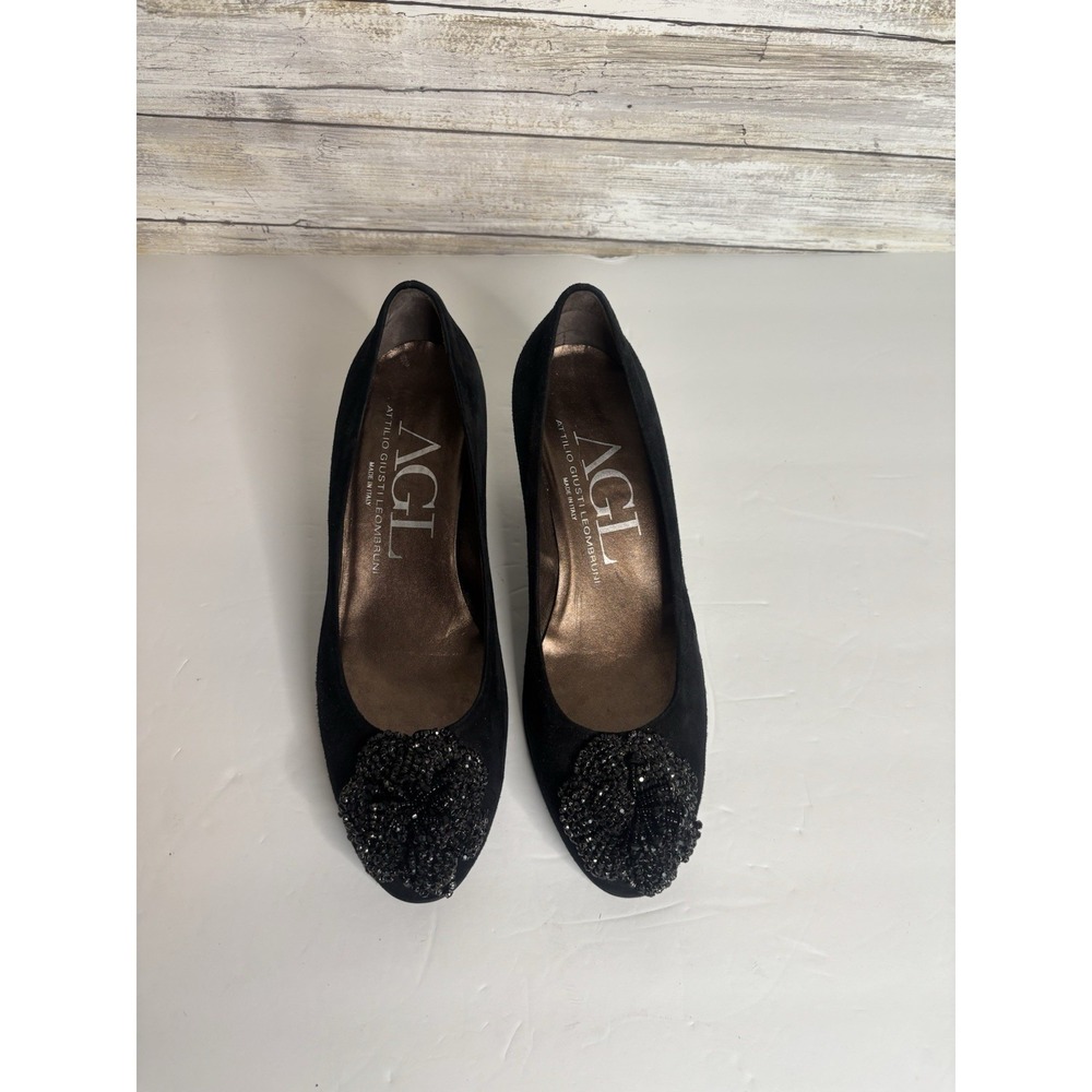 AGL Black Glitter Flower Toe/ Suede Leather Kitten Heel Size 37